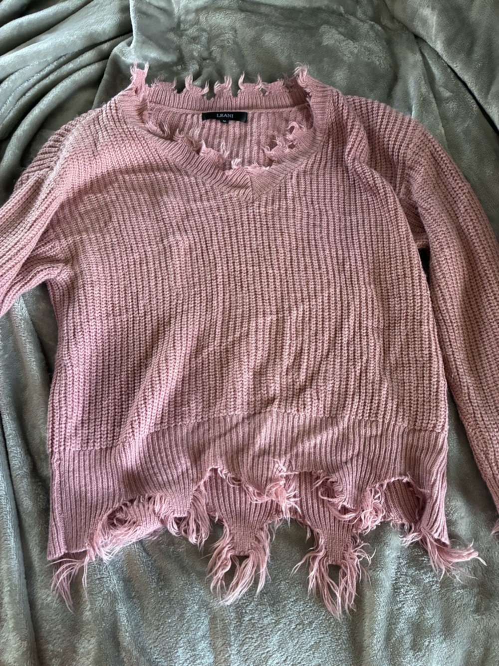Lush Pink Distressed V-Neck Sweater